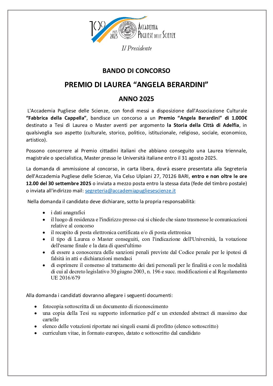 PREMIO di LAUREA Angela Berardini Anno 2025 – Accademia Pugliese delle Scienze PREMIO di LAUREA Angela Berardini Anno 2025 – Accademia Pugliese delle Scienze