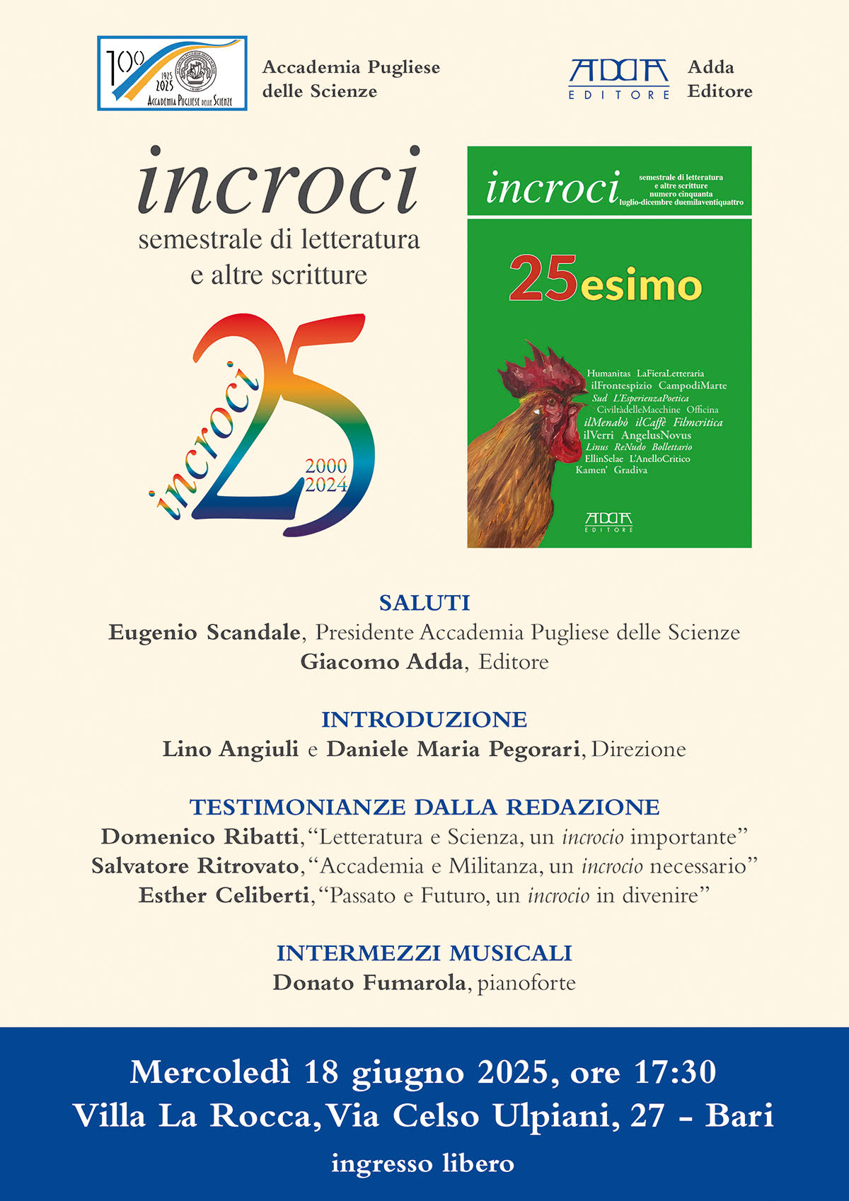 25 anniversario della Rivista Incroci – 18 giugno 2025 – Accademia Pugliese delle Scienze 25 anniversario della Rivista Incroci – 18 giugno 2025 – Accademia Pugliese delle Scienze